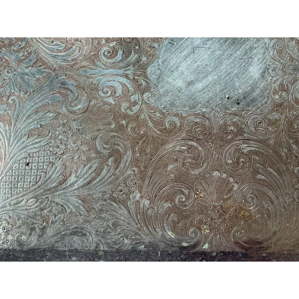 Vintage  Serving Tray on silver on Copper with Ornate Floral Engraving & Handles